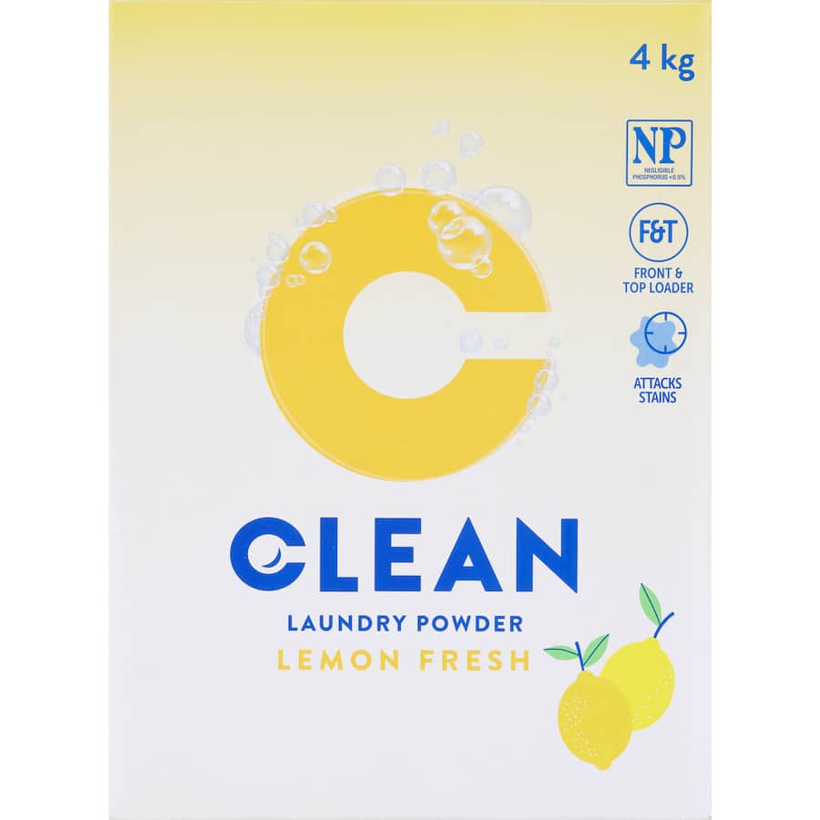 Clean Laundry Powder Lemon Concentrate packaging, featuring eco-friendly formula and vibrant lemon fragrance for fresh laundry.