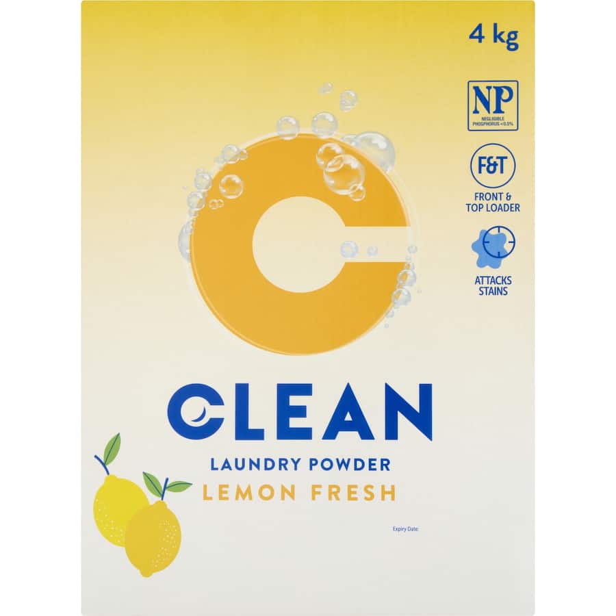 Lemon-scented laundry powder concentrate for tough stain removal and vibrant, fresh-smelling clothes, safe for all fabrics.