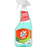 Mr Muscle Multipurpose Spray Cleaner in green apple scent, effective on various surfaces, kills 99.9% of germs.