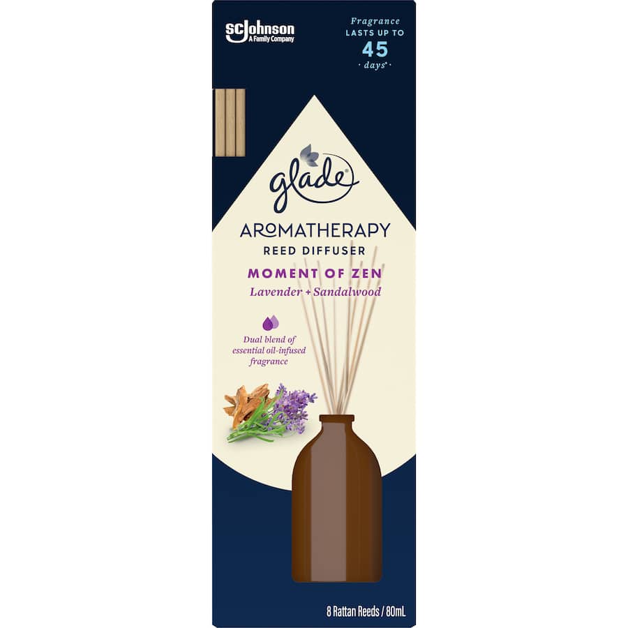 Glade Aromatherapy Reed Diffuser features lavender and sandalwood scents, promoting relaxation in any space for up to 45 days.