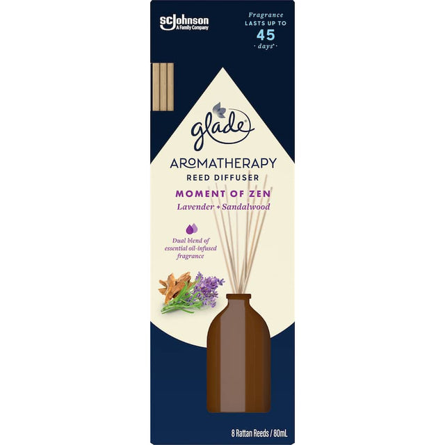 Glade Aromatherapy Reed Diffuser features lavender and sandalwood scents, promoting relaxation in any space for up to 45 days.