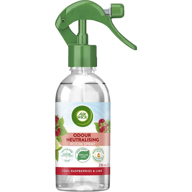 Air Wick Odour Neutralising Air Spray in Cool Raspberries & Lime freshens spaces with a fruity scent while neutralising bad odors.