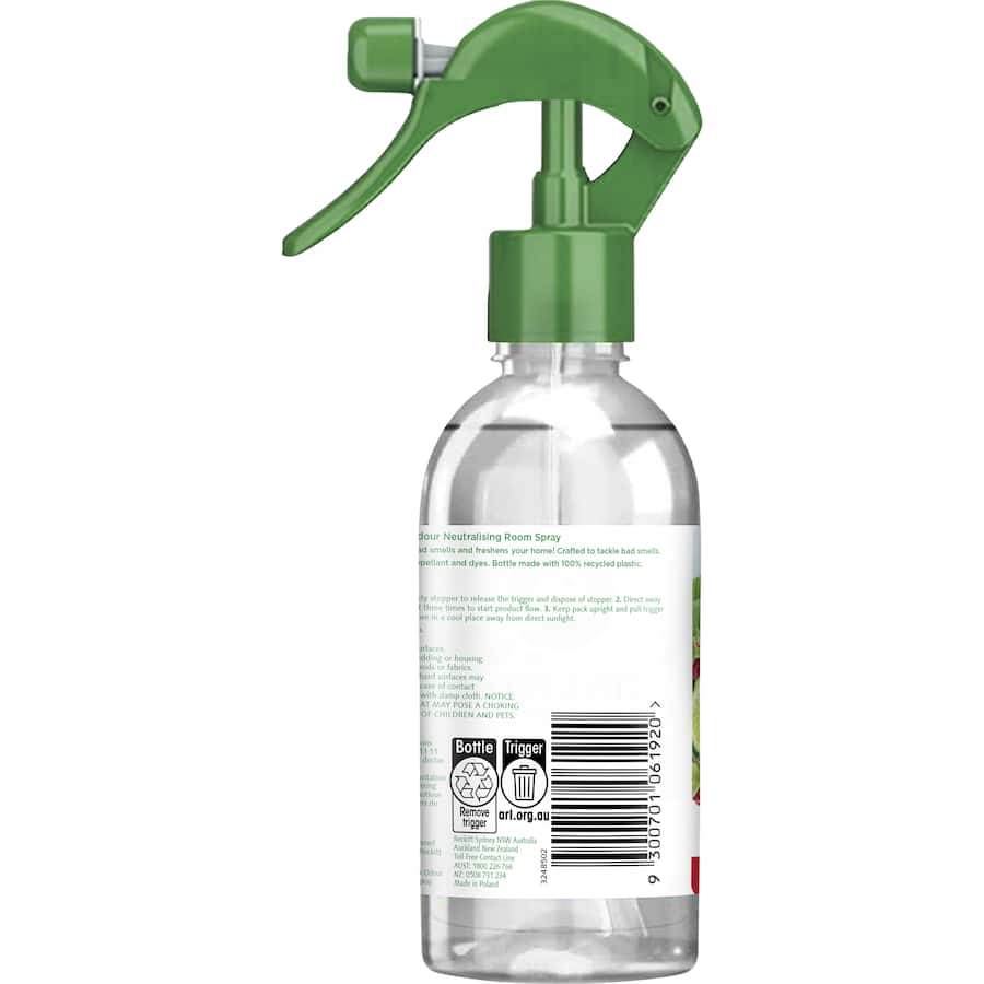Air Wick Odour Neutralising Spray in Cool Raspberries & Lime freshens air by neutralising odours with fruity scents.