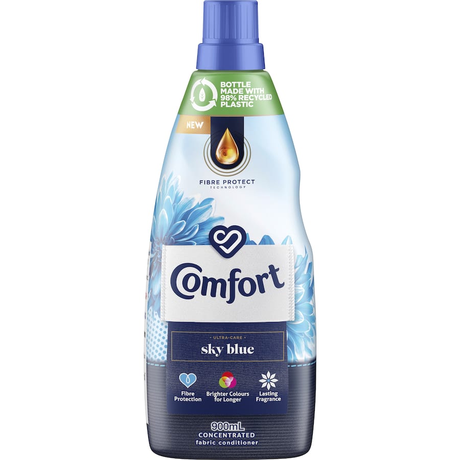 Comfort Fabric Softener in Sky Blue, enhancing softness and freshness with a revitalizing fragrance, while protecting colors and fibers.