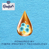 Comfort Fabric Softener Conditioner in Sky Blue, offering soft, fragrant clothes with Fibre-Protect tech for vibrant, long-lasting freshness.
