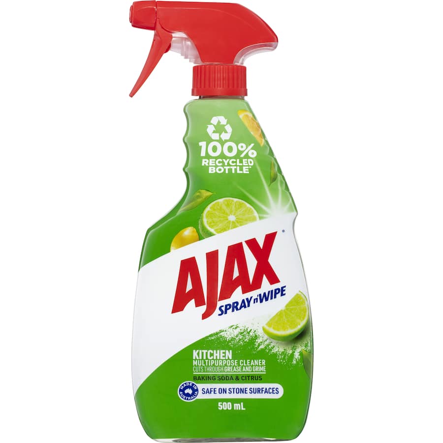 Ajax Spray N Wipe Kitchen Spray with Baking Soda, effective for grease and grime on stone surfaces, eco-friendly and aromatic.