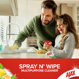 Ajax Spray N Wipe Kitchen Cleaner with Baking Soda, perfect for tough grease on stone surfaces, citrus scent, eco-friendly bottle.