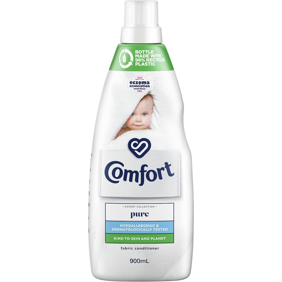 Comfort Fabric Softener Conditioner Pure White in eco-friendly packaging, hypoallergenic, leaves clothes soft, fresh, and easy to iron.