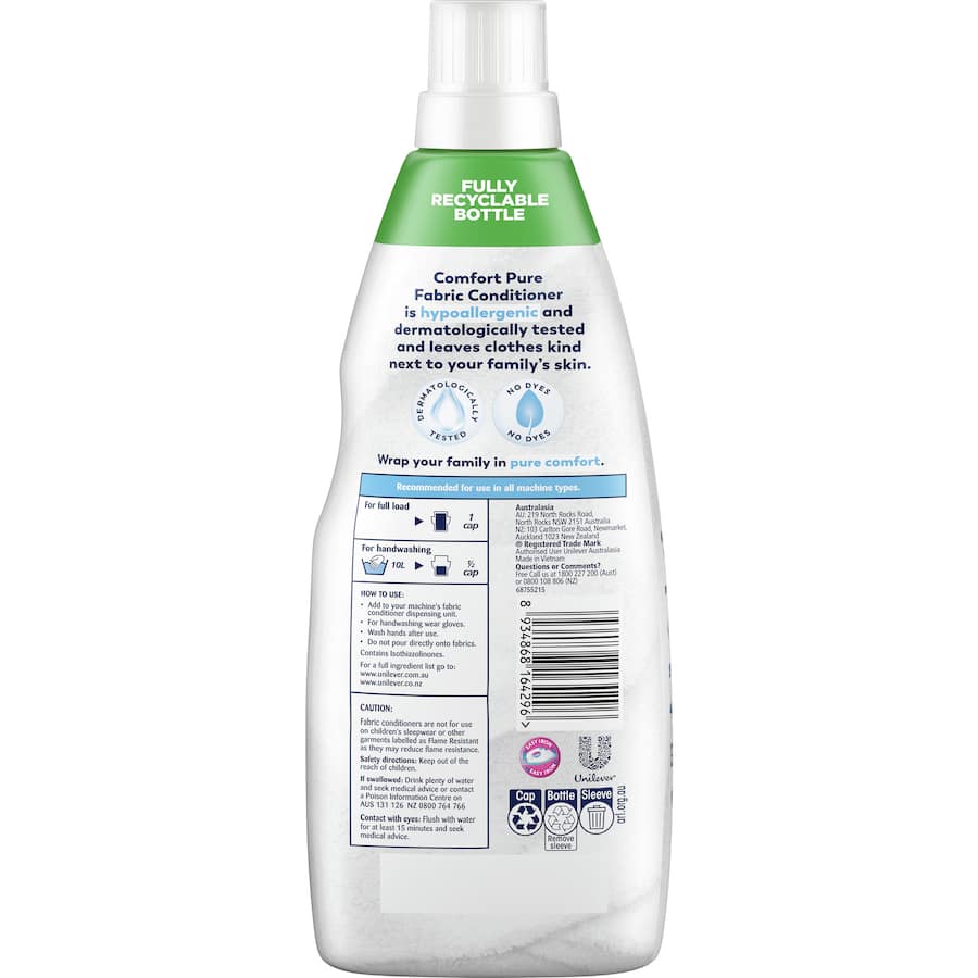 Bottle of Comfort Fabric Softener Conditioner Pure White, hypoallergenic, eco-friendly, designed for softness and freshness in laundry.