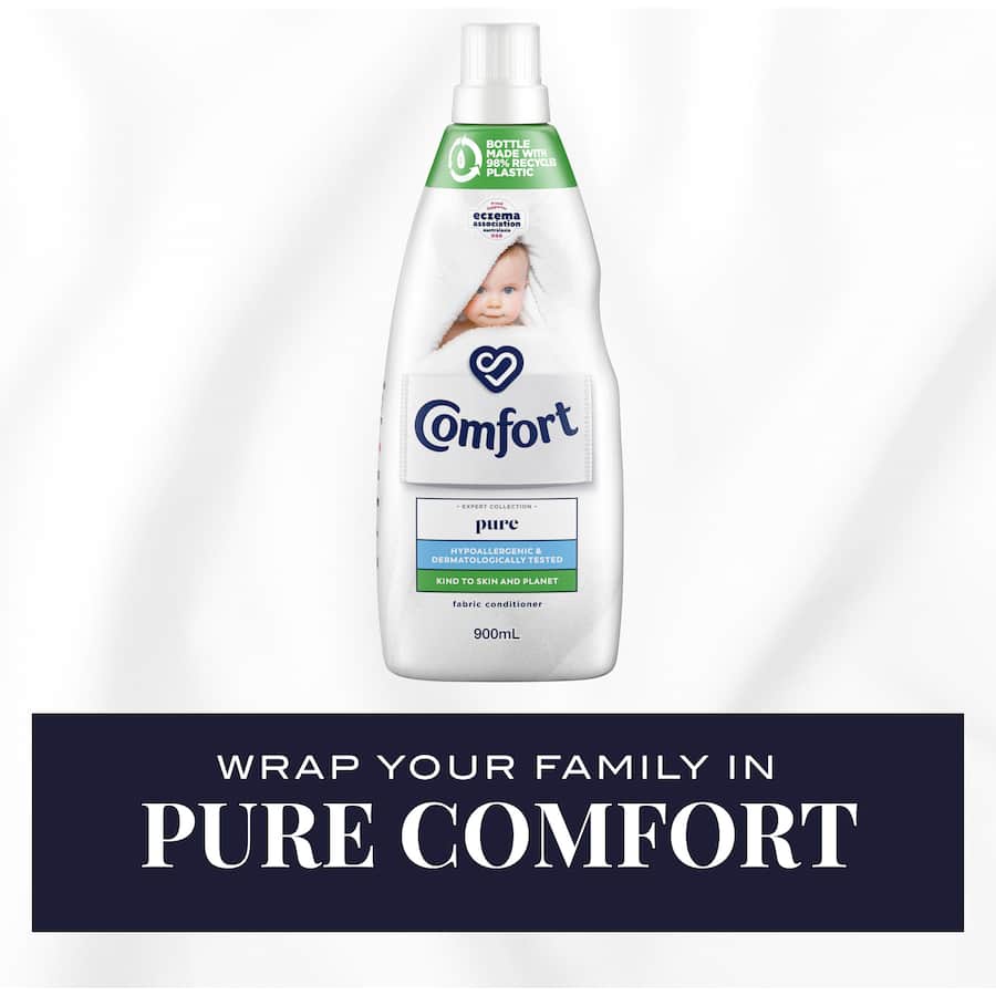 Comfort Fabric Softener Conditioner Pure White, hypoallergenic and dye-free, ensures soft, fresh clothes safe for sensitive skin.