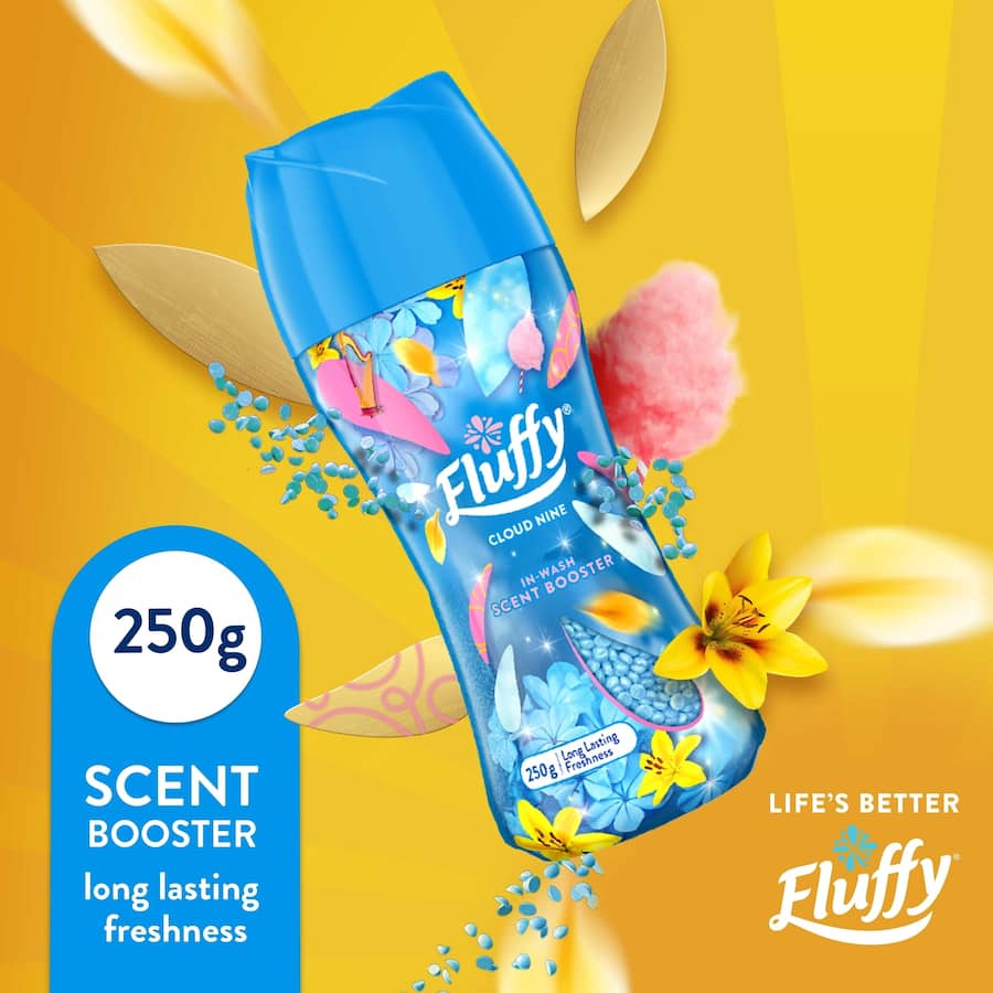 Fluffy Fabric Freshener Cloud Nine Scent Booster beads infuse laundry with long-lasting, dreamy bluebell fragrance.