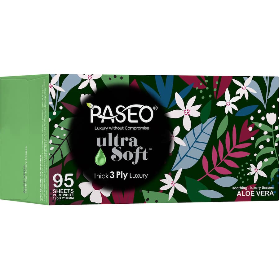 Paseo Ultra Soft Aloe Vera Facial Tissues in a stylish box, featuring 3-ply softness and soothing aloe vera for ultimate comfort.