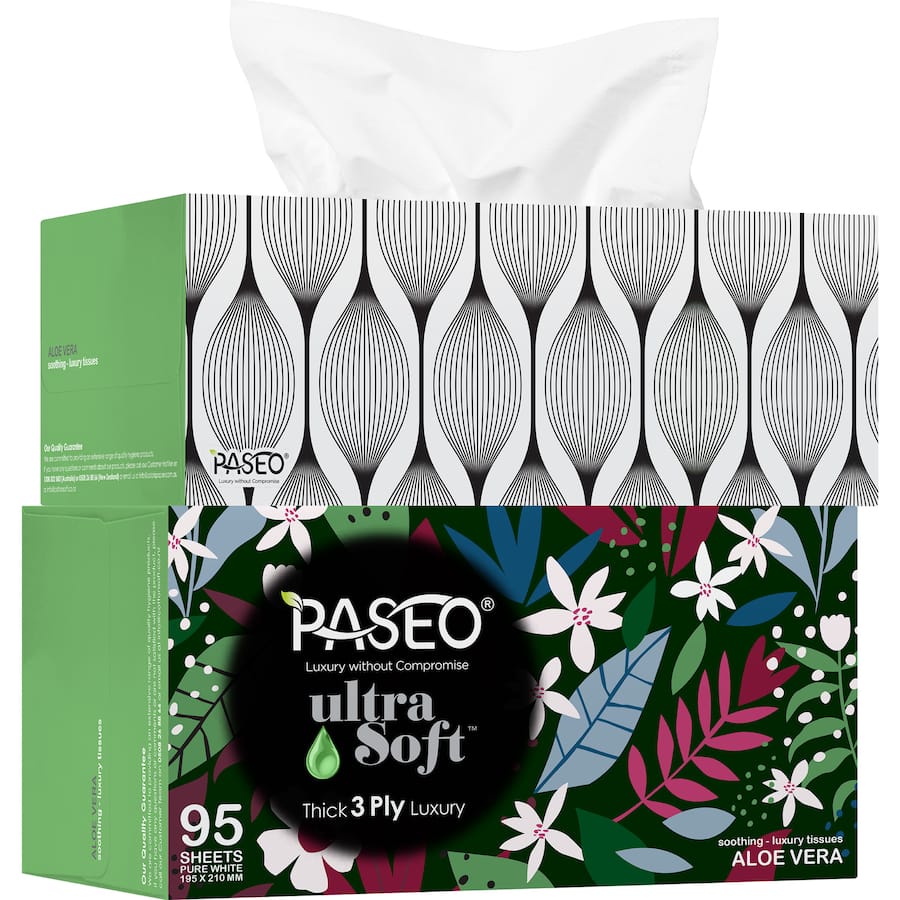 Paseo Ultra Soft Aloe Vera Facial Tissues: Luxuriously soft, 3-ply tissues infused with soothing aloe vera, eco-friendly, and stylish designs.