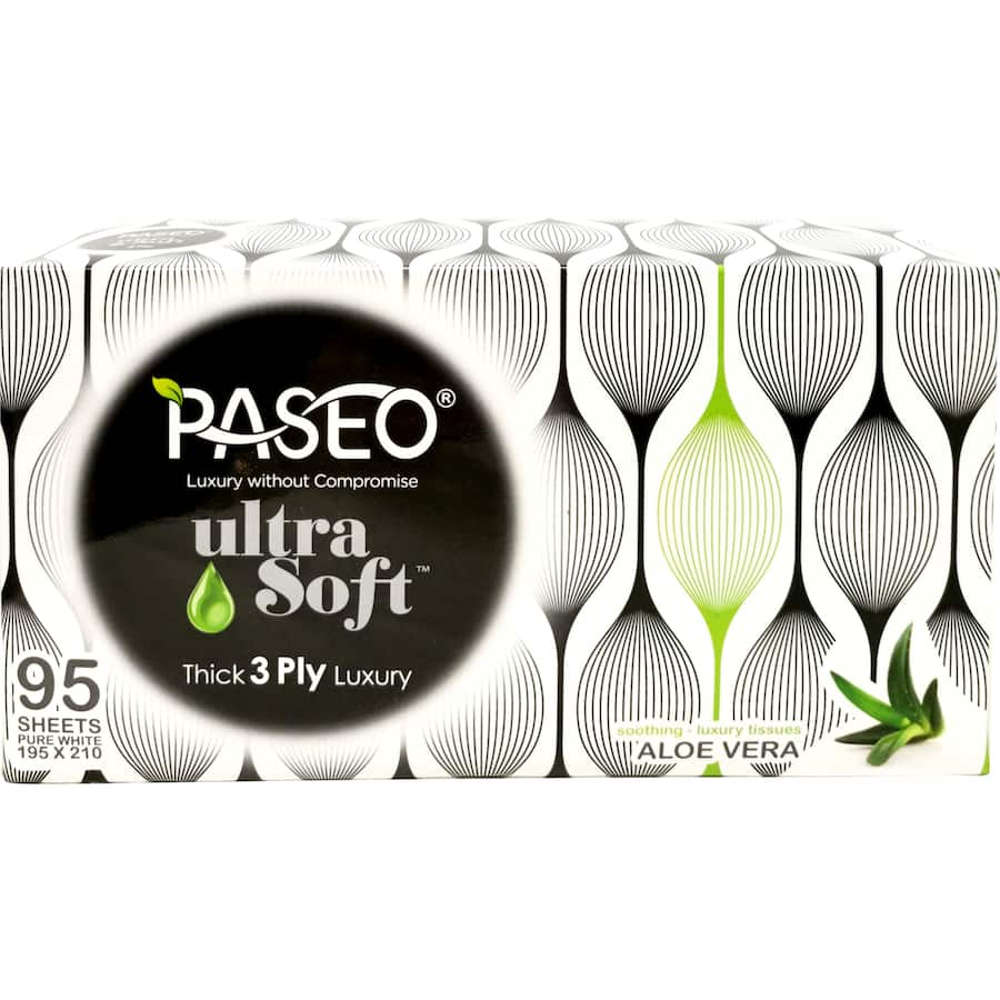 Paseo Ultra Soft Aloe Vera Facial Tissues showcase luxury, infused with soothing aloe and eco-friendly 3-ply comfort.