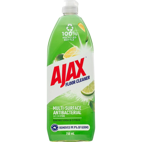 Ajax Floor Cleaner in a 750mL recycled bottle, featuring baking soda and citrus scent, safe for stone and tough on grime.