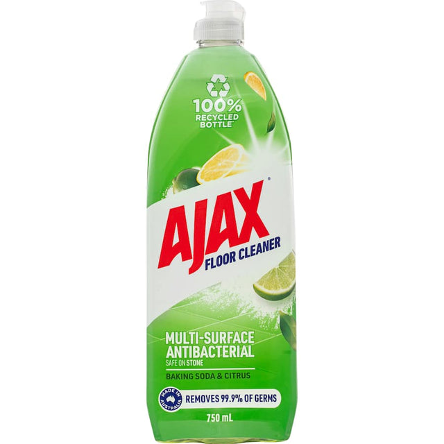 Ajax Floor Cleaner in a 750mL recycled bottle, featuring baking soda and citrus scent, safe for stone and tough on grime.