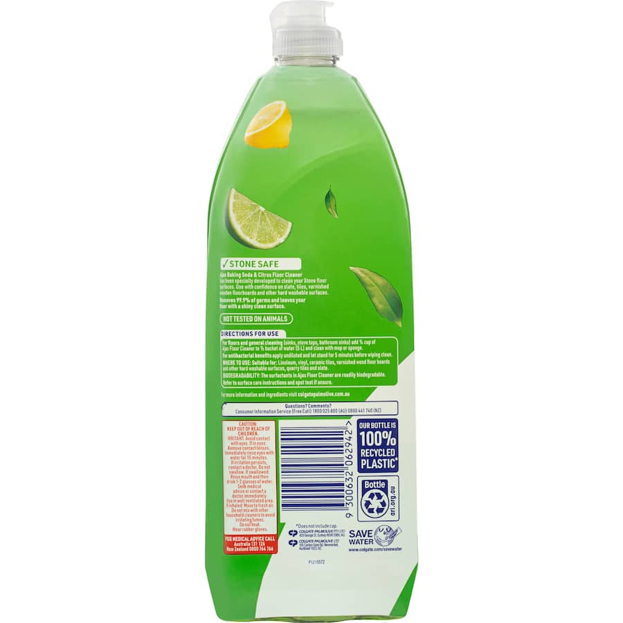 Ajax Floor Cleaner with Baking Soda in a recycled bottle, ideal for stone surfaces, effectively removes grease and grime.
