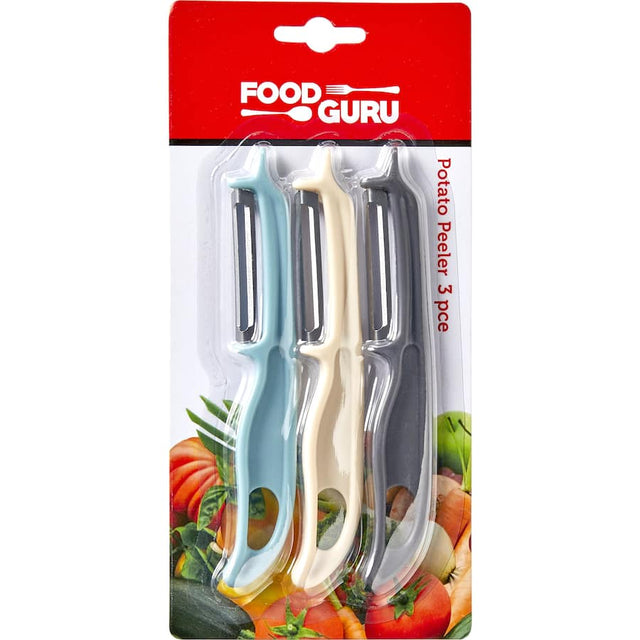 Colorful set of ergonomic plastic peelers with sharp blades for effortless peeling of fruits and vegetables in the kitchen.