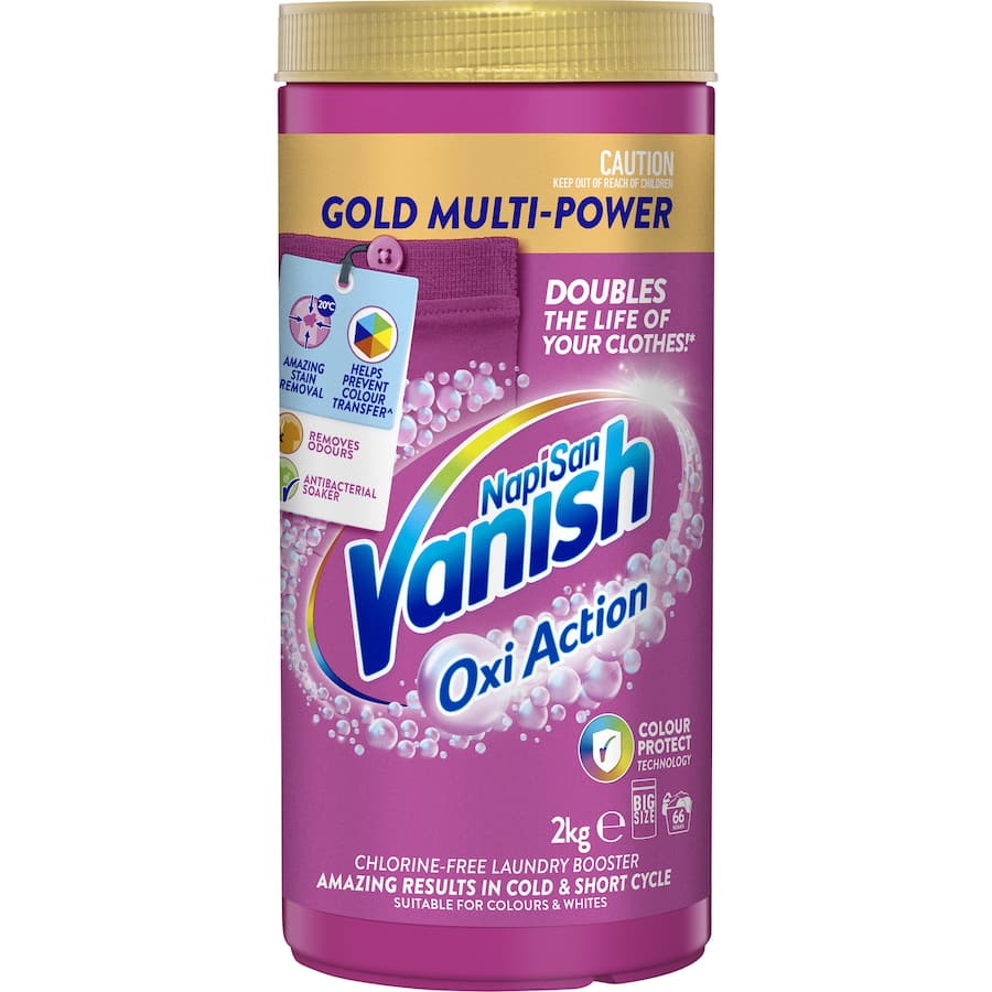 Vanish Napisan Gold powder effectively removes tough stains and odors while protecting colors and fabrics.