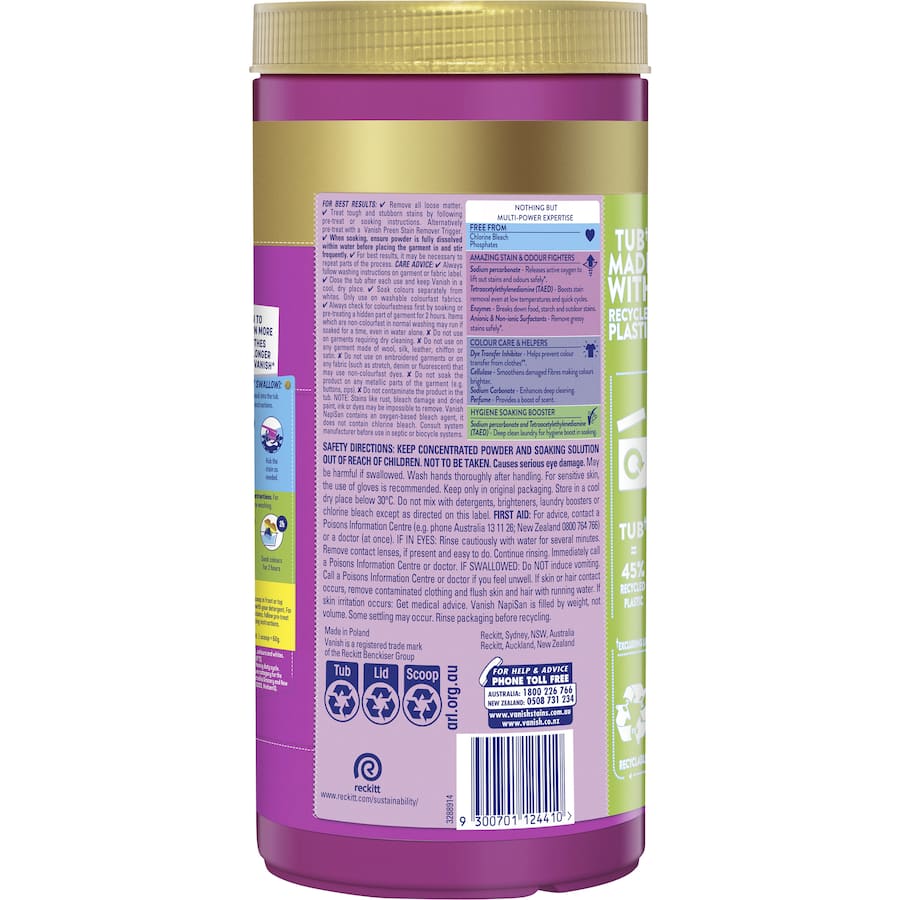 Vanish Napisan Gold powder effectively removes tough stains, protects colors, and is safe for all fabrics, including whites.