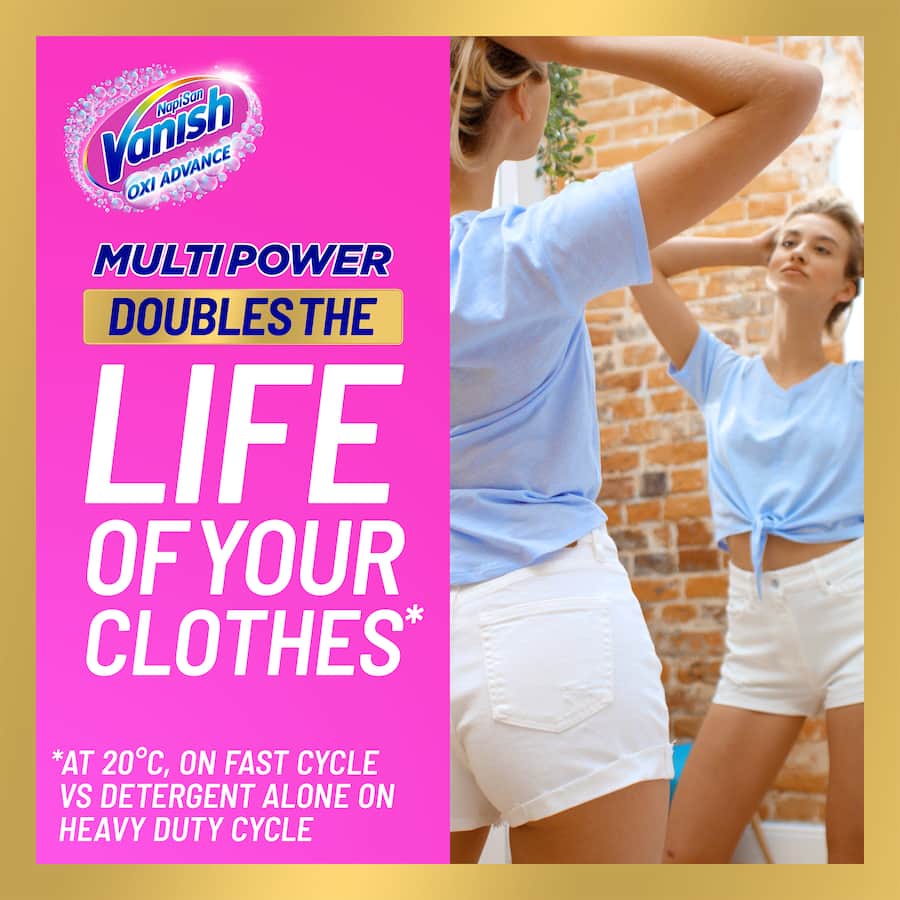 Vanish Napisan Gold stain remover powder, effective on tough stains, safe for colors and whites, antibacterial, and odor-fighting.