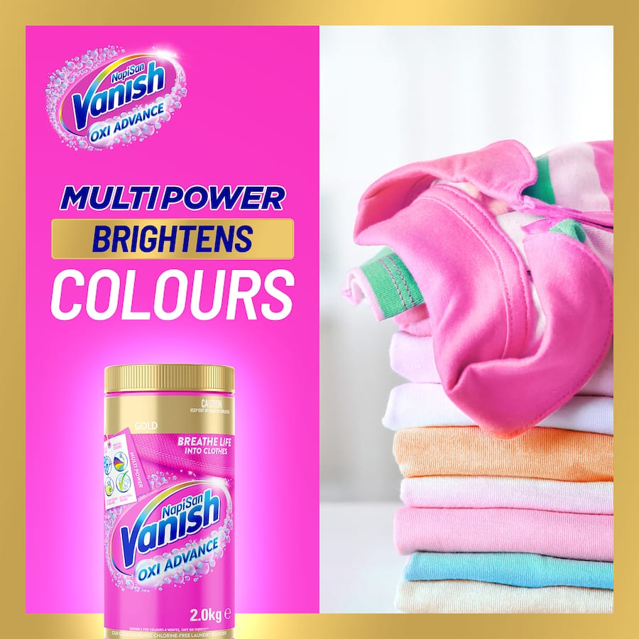 Vanish Napisan Gold Multipower Stain Remover Powder for effective stain removal and fabric care, safe for all colors and fabrics.