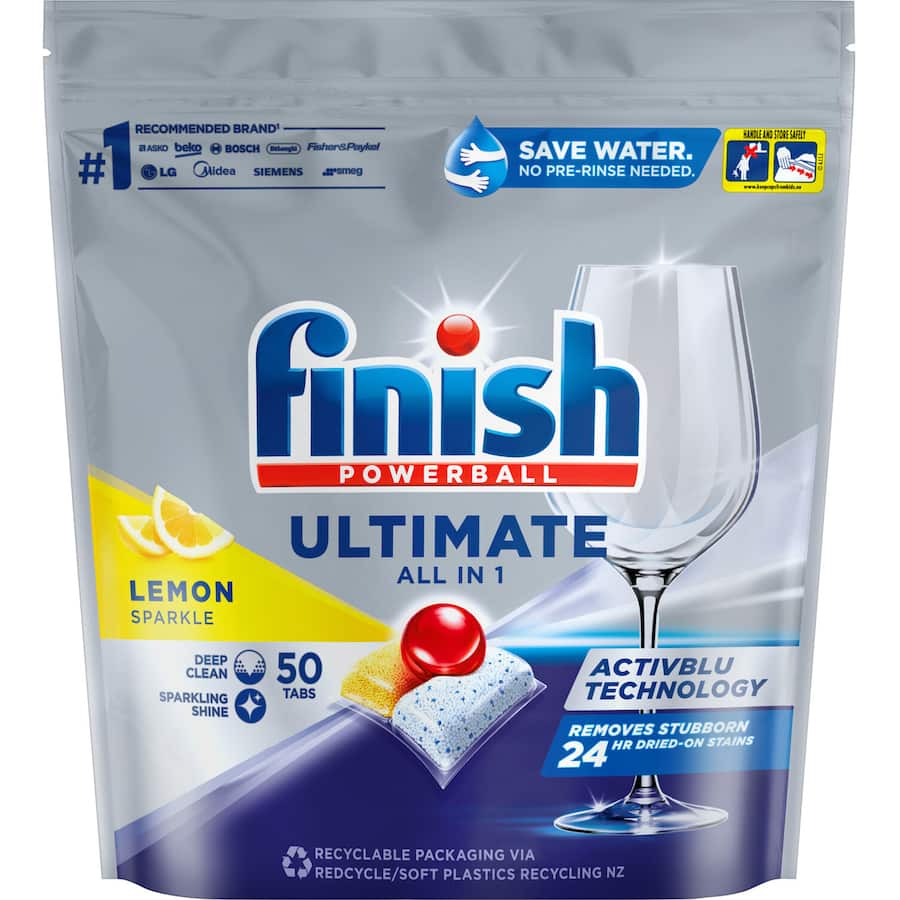 Finish Ultimate All In One Lemon dishwasher tablets with Activblu technology, ideal for tackling tough stains and ensuring spotless dishes.
