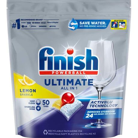 Finish Ultimate All In One Lemon dishwasher tablets with Activblu technology, ideal for tackling tough stains and ensuring spotless dishes.