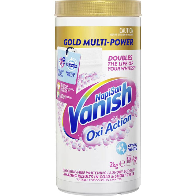 Vanish Napisan Gold Crystal White Powder for tough stain removal, chlorine-free, cold cycle booster for brilliant white fabrics.