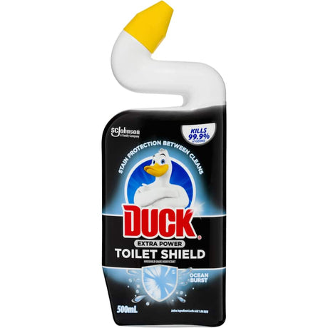 Duck Toilet Shield Toilet Cleaner in Ocean Burst, designed for deep cleaning under the rim with 99.9% germ-killing power.