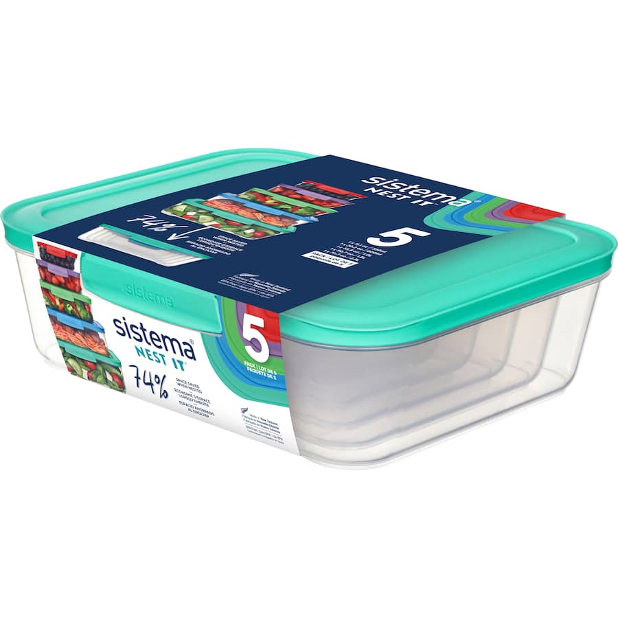 Clear, stackable Sistema Nest It Containers for efficient kitchen storage, saving 62% space when nested.