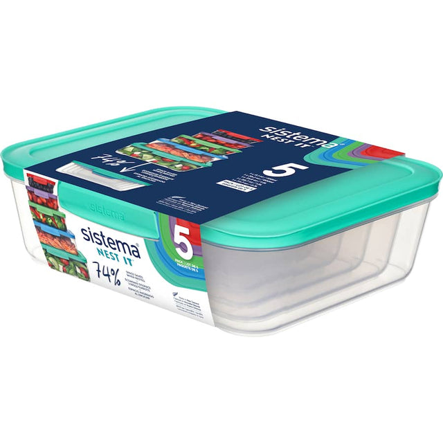 Clear, stackable Sistema Nest It Containers for efficient kitchen storage, saving 62% space when nested.