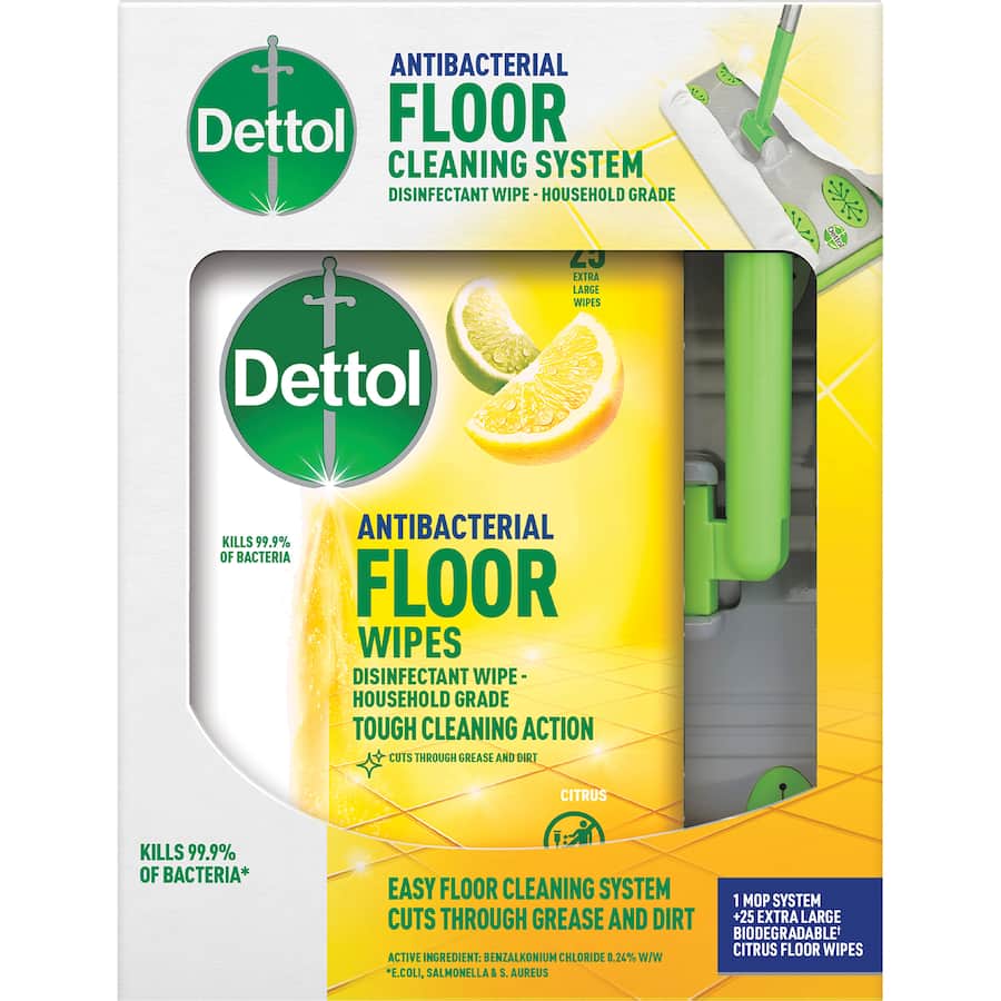 Dettol Floor Cleaning System & Wipes: Antibacterial wipes and cleaning system for a hygienic, streak-free shine on hard surfaces.