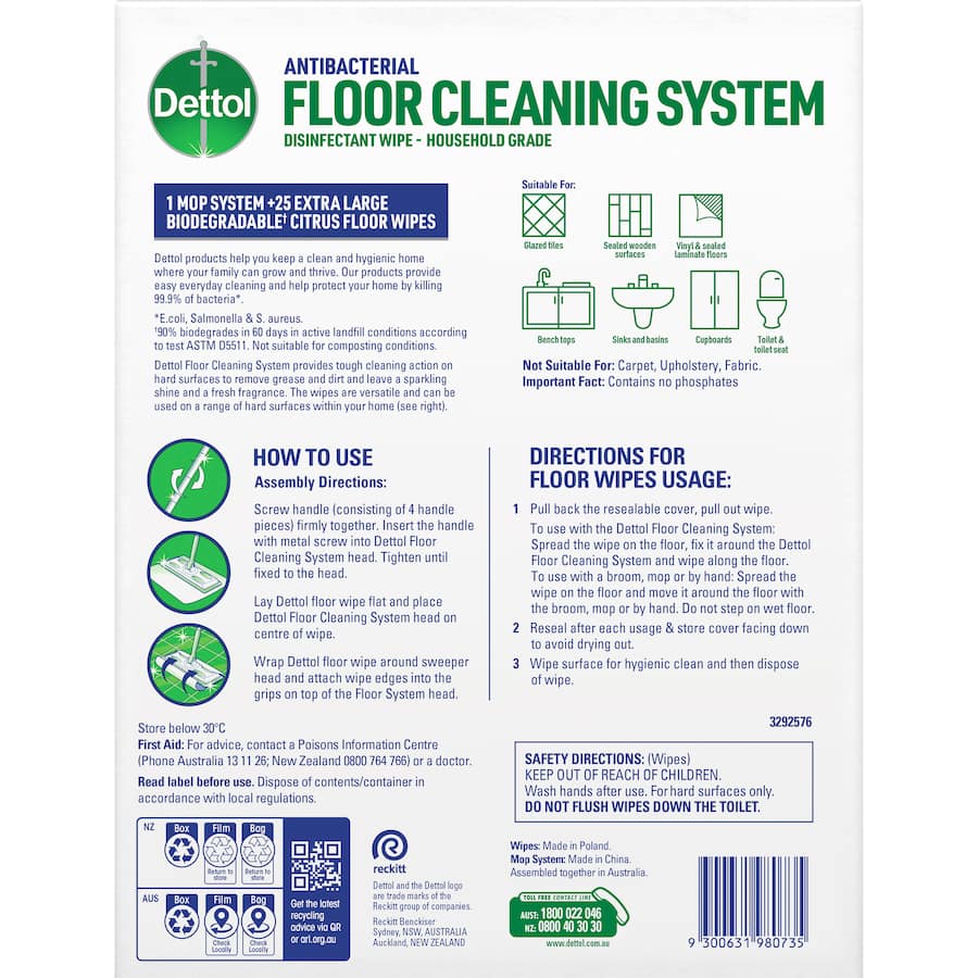 Dettol Floor Cleaning System & Wipes: antibacterial cleaning for hard surfaces, quick-drying, and effective against stains and germs.