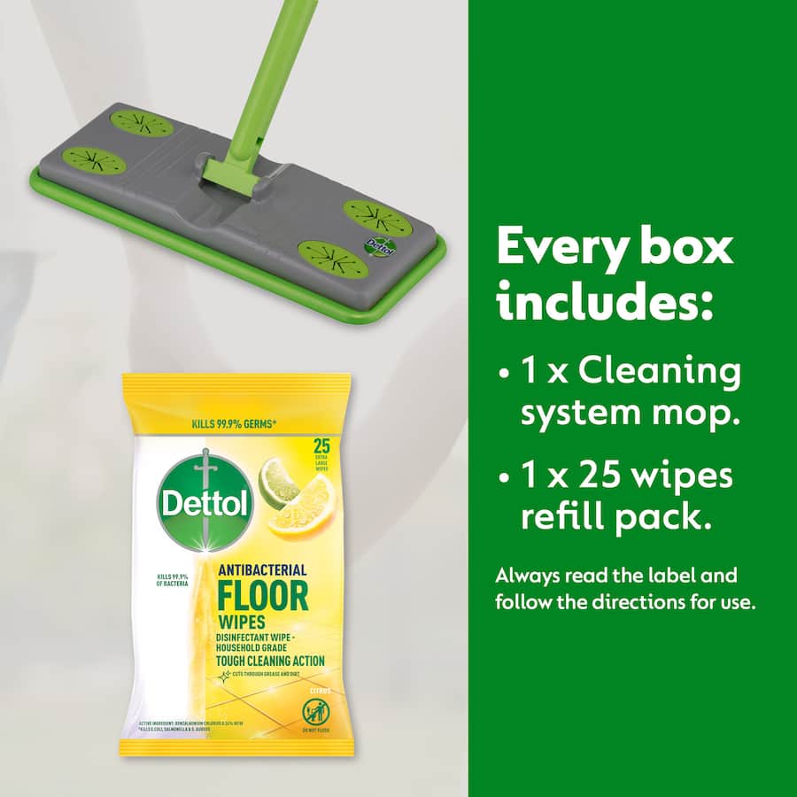 Dettol Floor Cleaning System & Wipes for effective, antibacterial cleaning of hard surfaces with a fresh scent and quick-drying formula.