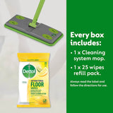 Dettol Floor Cleaning System & Wipes for effective, antibacterial cleaning of hard surfaces with a fresh scent and quick-drying formula.