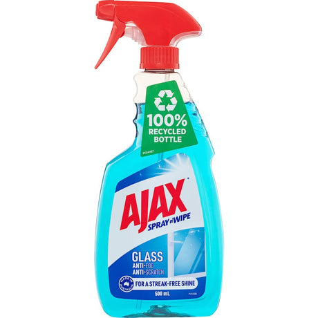 Ajax Spray N Wipe Glass Cleaner in a trigger spray bottle, featuring anti-streak, anti-fog, and anti-scratch formula for crystal-clear shine.