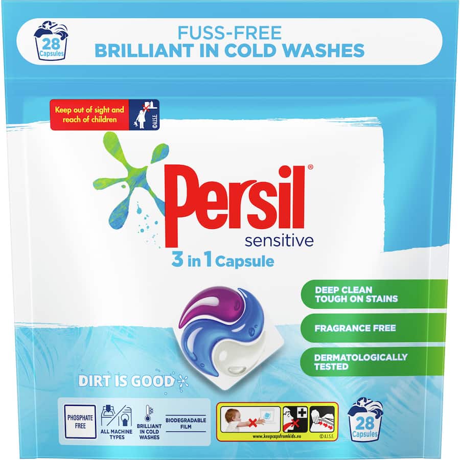 Persil Laundry Capsules 3 in 1 Sensitive for powerful stain removal, gentle on skin, fragrance-free, and easy to use.