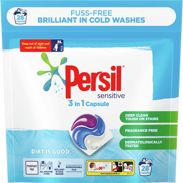 Persil Laundry Capsules 3 in 1 Sensitive for powerful stain removal, gentle on skin, fragrance-free, and easy to use.