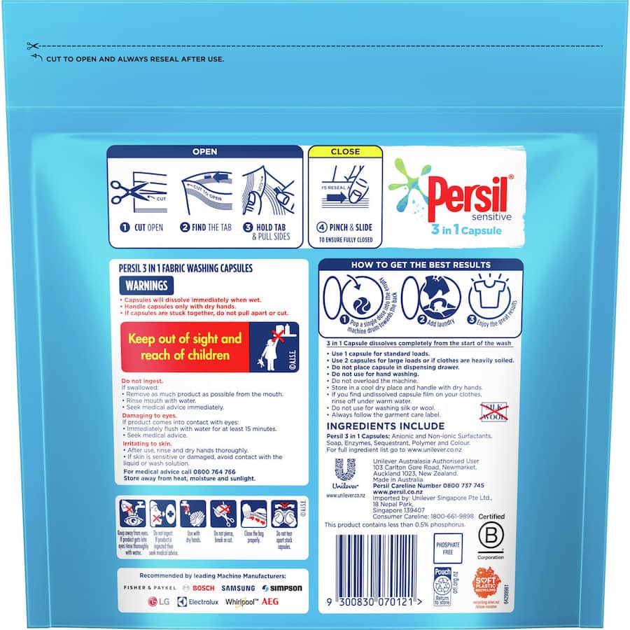 Persil Laundry Capsules 3 in 1 Sensitive: Fragrance-free, dermatologically tested capsules for powerful stain removal and delicate care.