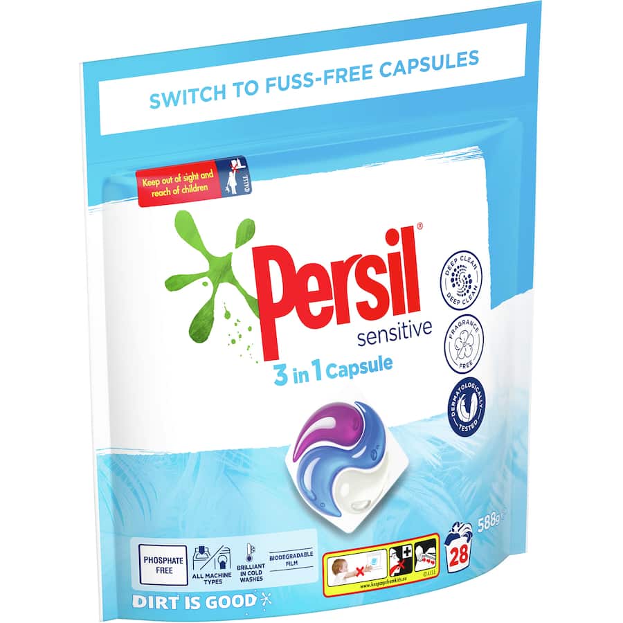 Persil Laundry Capsules 3 in 1 Sensitive, fragrance-free, dermatologically tested for gentle cleaning and effective stain removal.