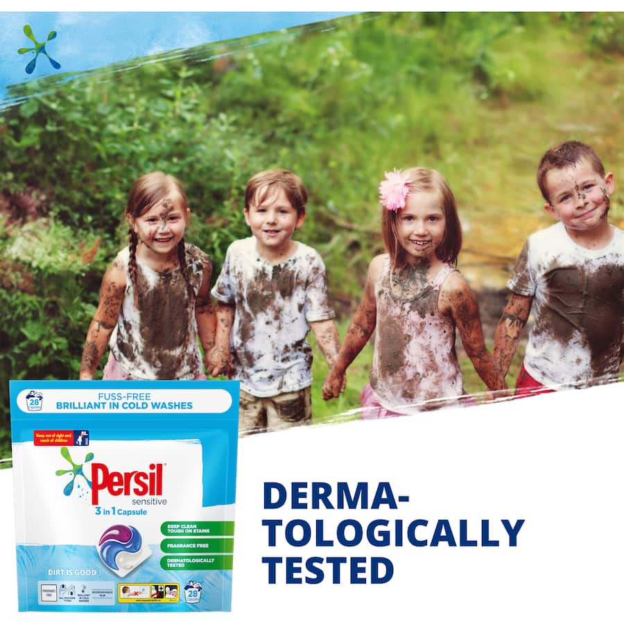 Persil Laundry Capsules 3 in 1 Sensitive, fragrance-free, stain-fighting capsules for gentle, effective laundry care.