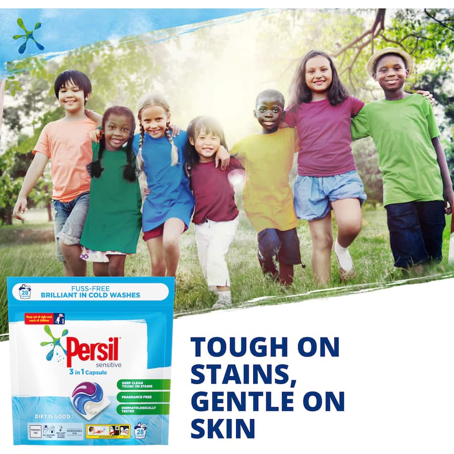 Persil Laundry Capsules 3 in 1 Sensitive: Dermatologically tested, fragrance-free capsules for powerful stain removal and gentle care.