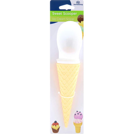 Whimsical ice cream scoop shaped like a waffle cone, designed for easy, effortless scooping of all ice cream types.