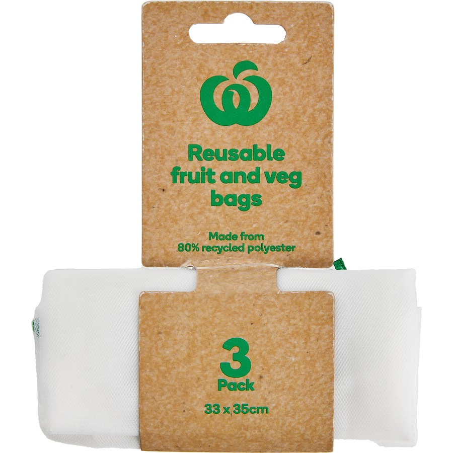 Eco-friendly Woolworths Reusable Fruit & Veg Bag, made from 80% recycled polyester, holds 5kg, 33cm x 35cm.