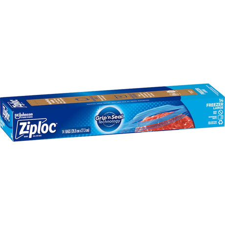 Ziploc Freezer Bags Large with easy open tabs, Smart Zip Plus seal, ideal for freezing meat and vegetables safely.