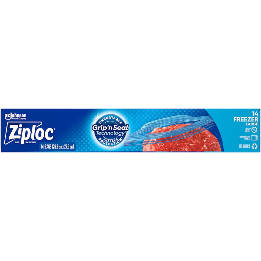 Ziploc Freezer Bags Large with easy open tabs and Smart Zip Plus seal for secure, fresh food storage and freezer burn prevention.