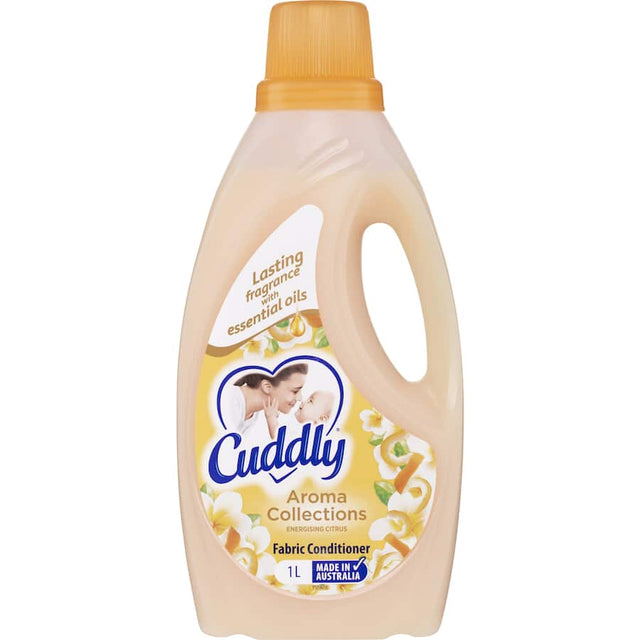 Cuddly Aroma Collections Fabric Softener in Energising Citrus enhances laundry with softening, freshness, and uplifting citrus scent.