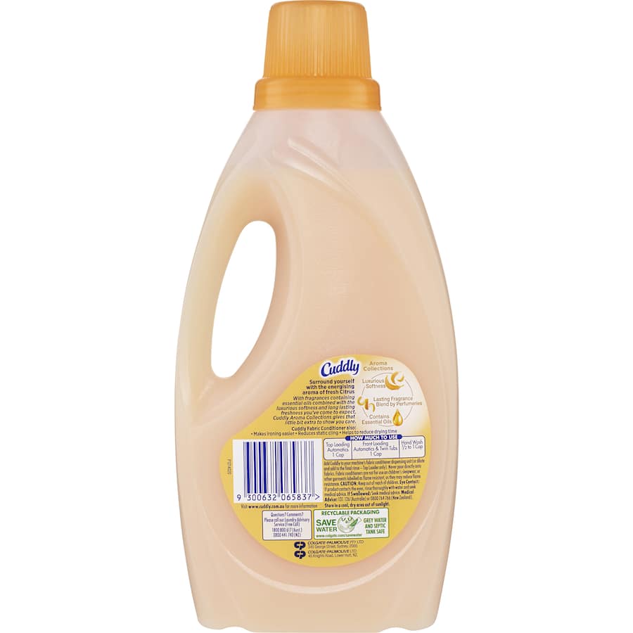 Cuddly Aroma Collections fabric softener in Energising Citrus, softens laundry with refreshing citrus scent and reduces drying time.
