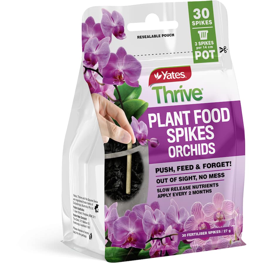 Yates Thrive Plant Food Spikes for Orchids, promoting vibrant blooms with slow-release nutrients for healthy root feeding.